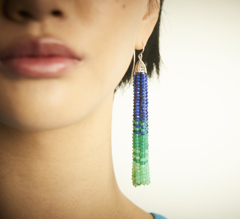 Green beaded tassel on sale earrings