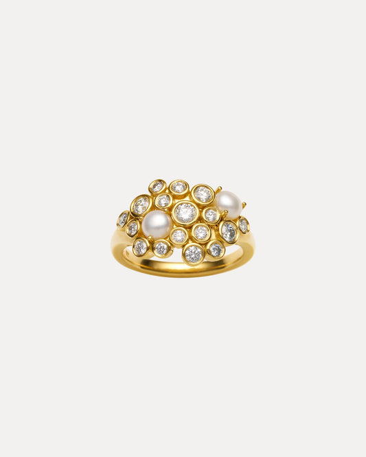 18CT YELLOW GOLD DIAMOND AND PEARL UMA CLUSTER RING