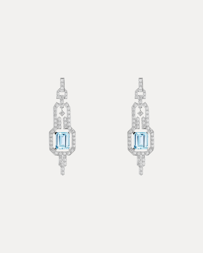 18CT AQUAMARINE AND DIAMOND EMPIRE EARRINGS