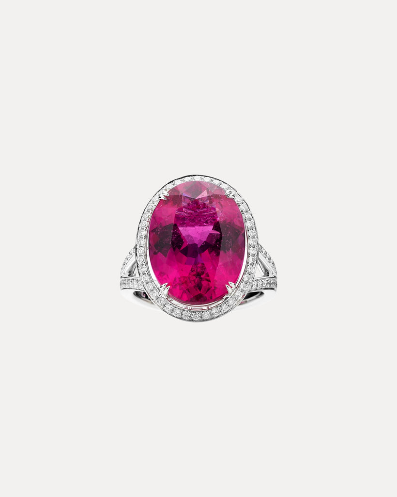 BESPOKE 18CT OVAL RUBELLITE & DIAMOND RING