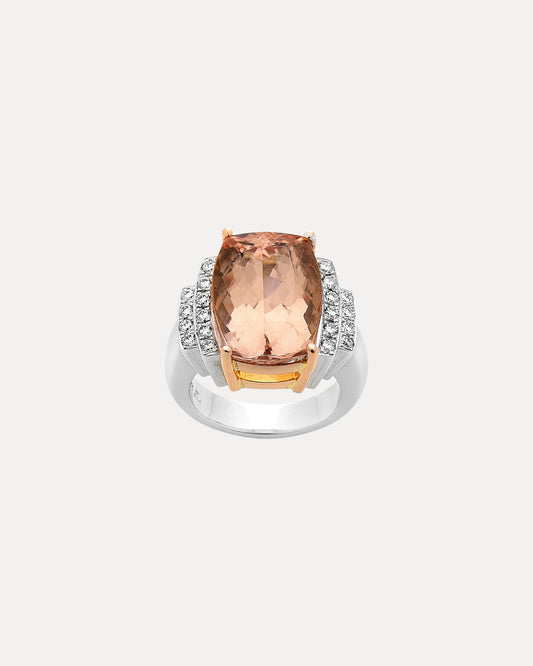 BESPOKE 18CT WHITE & ROSE GOLD BARREL PINK MORGANITE & DIAMOND RING