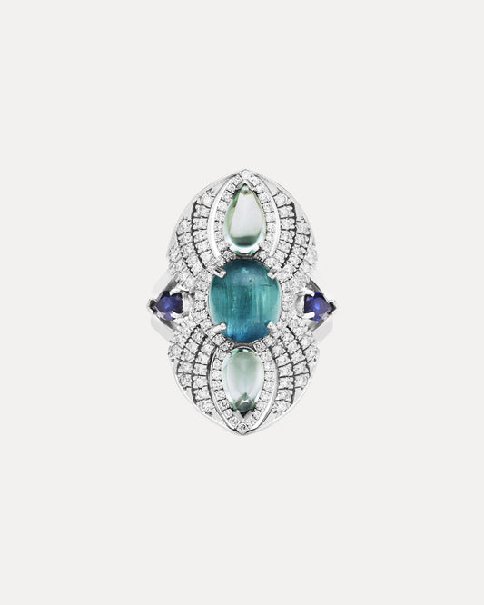 BESPOKE 18CT WHITE GOLD MADDISON CAT'S EYE BLUE TOURMALINE, SAPPHIRE & DIAMOND RING