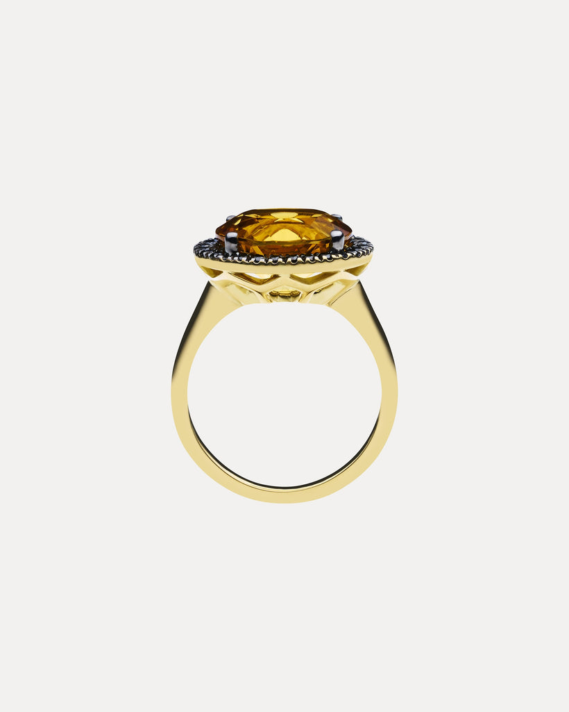 18CT HONEY QUARTZ & BLACK DIAMOND KAARINA RING