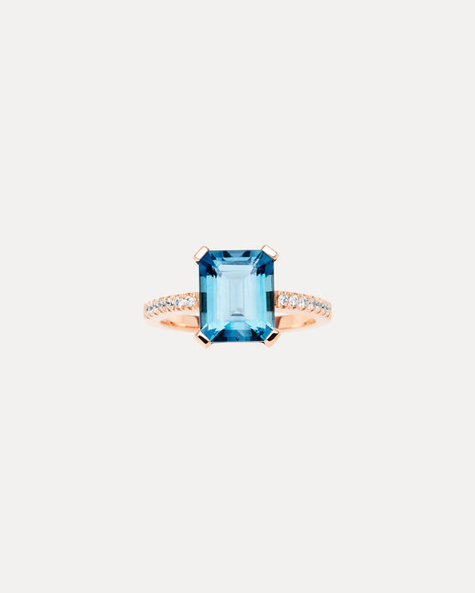 18CT ROSE GOLD LONDON BLUE TOPAZ & DIAMOND SARDINIA RING