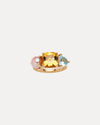 9CT HONEY QUARTZ, BLUE TOPAZ & PINK PEARL DUNAWAY RING