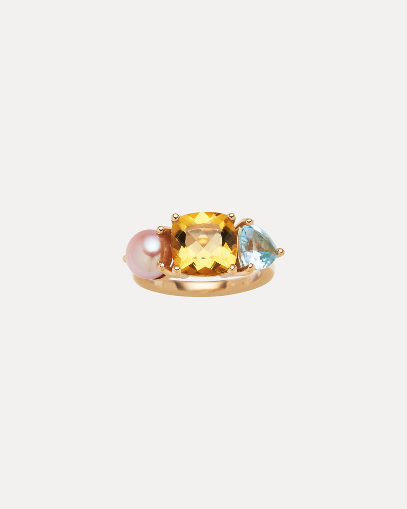 9CT HONEY QUARTZ, BLUE TOPAZ & PINK PEARL DUNAWAY RING