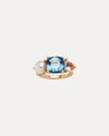 9CT LONDON BLUE TOPAZ, PINK MORGANITE & PEARL DUNAWAY RING