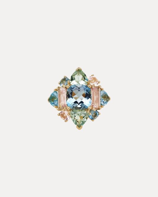 18CT LONDON BLUE TOPAZ, PINK MORGANITE, GREEN AMETHYST, BLUE TOPAZ & AQUAMARINE CLAUDE RING