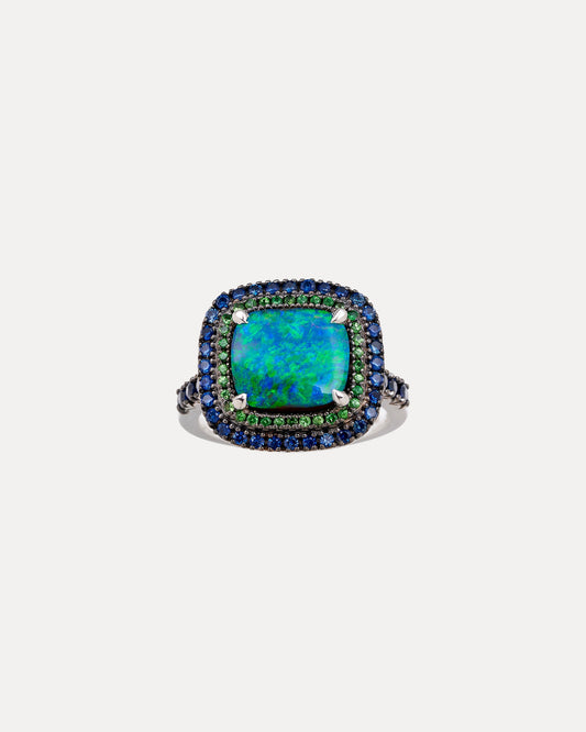 18CT CUSHION OPAL, SAPPHIRE & TSAVORITE BESPOKE RING