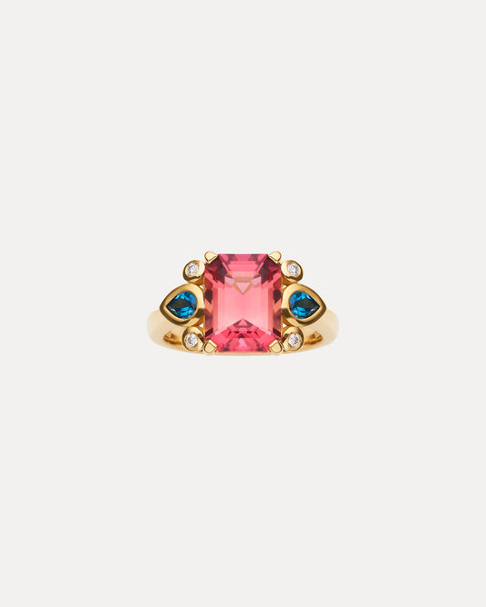 18CT PINK TOURMALINE, LONDON BLUE TOPAZ & DIAMOND BESPOKE RING