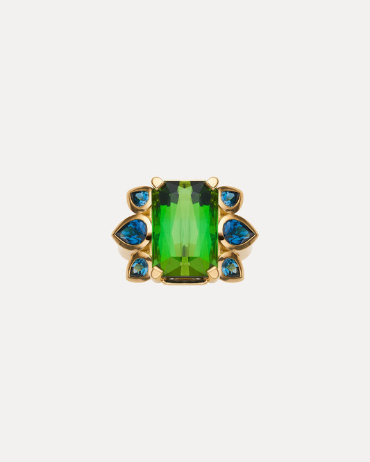 18CT GREEN TOURMALINE & LONDON BLUE TOPAZ BESPOKE RING