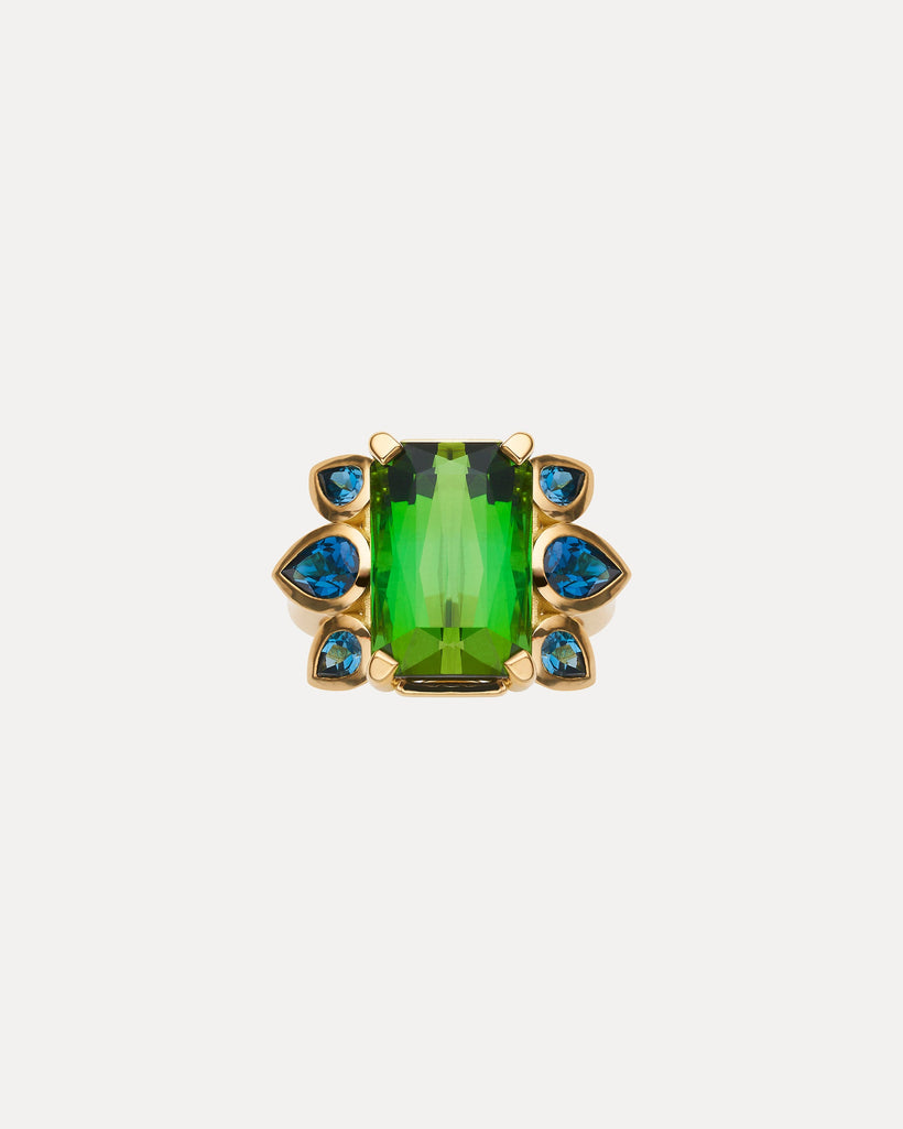 18CT GREEN TOURMALINE & LONDON BLUE TOPAZ BESPOKE RING