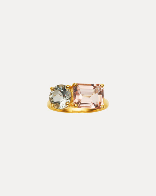 9CT PINK MORGANITE & GREEN AMETHYST RONSTADT RING