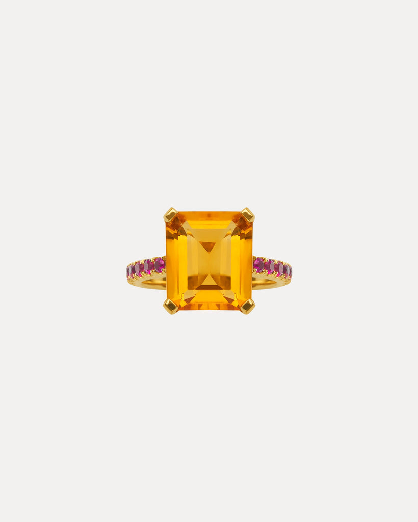 18CT CITRINE & RUBY REDDY RING