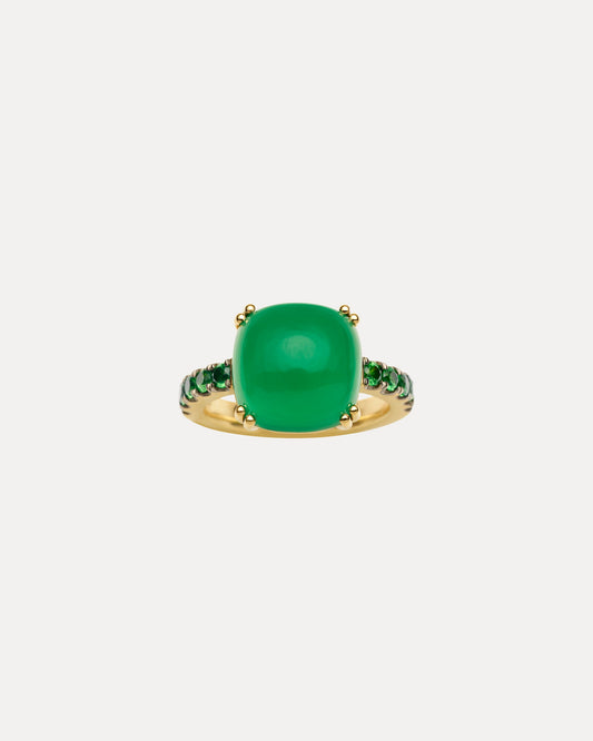 9CT YELLOW GOLD GREEN AGATE & TSAVORITE CAMPION RING