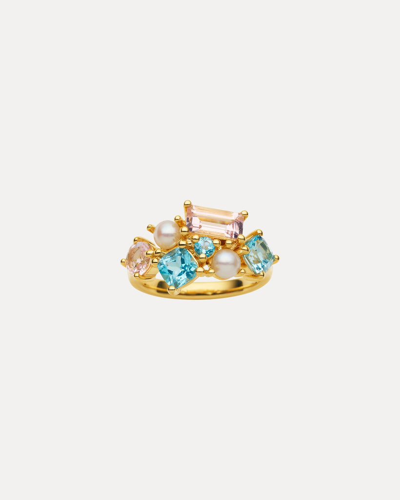 9CT PINK MORGANITE, BLUE TOPAZ & PEARL WINONA RING