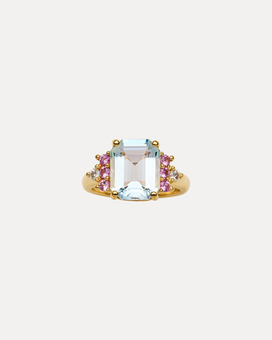 BESPOKE 18CT YELLOW GOLD AQUAMARINE,PINK SAPPHIRE & DIAMOND MIAH RING