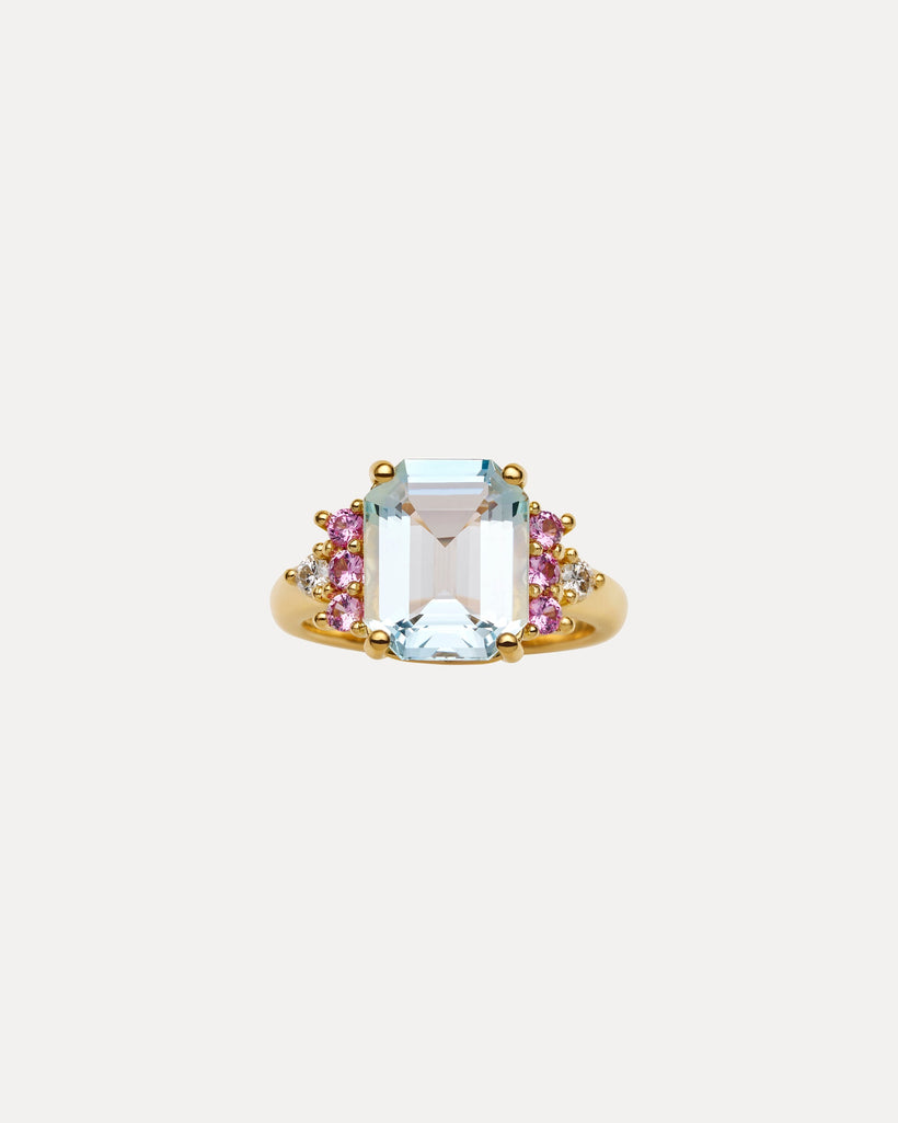 BESPOKE 18CT YELLOW GOLD AQUAMARINE,PINK SAPPHIRE & DIAMOND MIAH RING