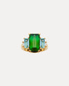 18CT GREEN TOURMALINE, BAGUETTE AQUAMARINE & DIAMOND FITZALAN RING