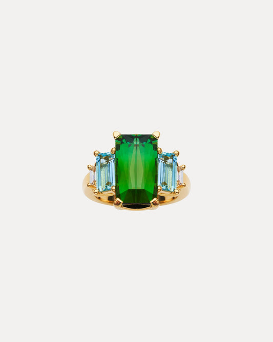 18CT GREEN TOURMALINE, BAGUETTE AQUAMARINE & DIAMOND FITZALAN RING