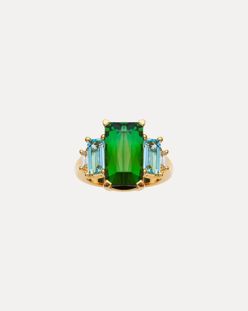 18CT GREEN TOURMALINE, BAGUETTE AQUAMARINE & DIAMOND FITZALAN RING