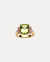 BESPOKE 18CT YELLOW GOLD GREEN TOURMALINE, PINK SAPPHIRE & DIAMOND MIAH RING