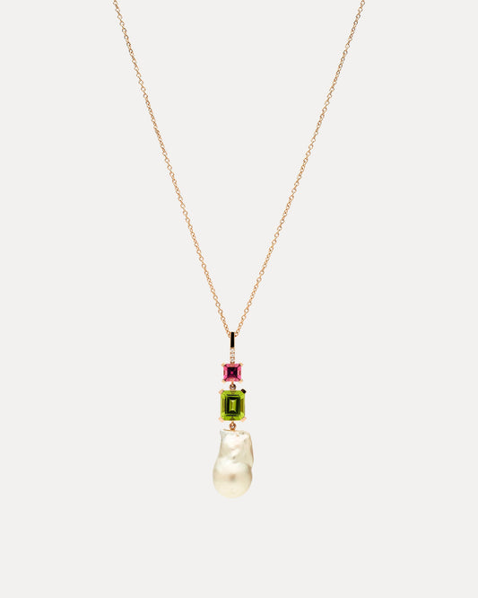 BESPOKE 18CT ROSE GOLD BAROQUE SOUTH SEA PEARL, DIAMOND, TOURMALINE & PERIDOT PENDANT