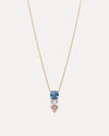 9CT LONDON BLUE TOPAZ, PINK MORGANITE & PEARL DUNAWAY PENDANT