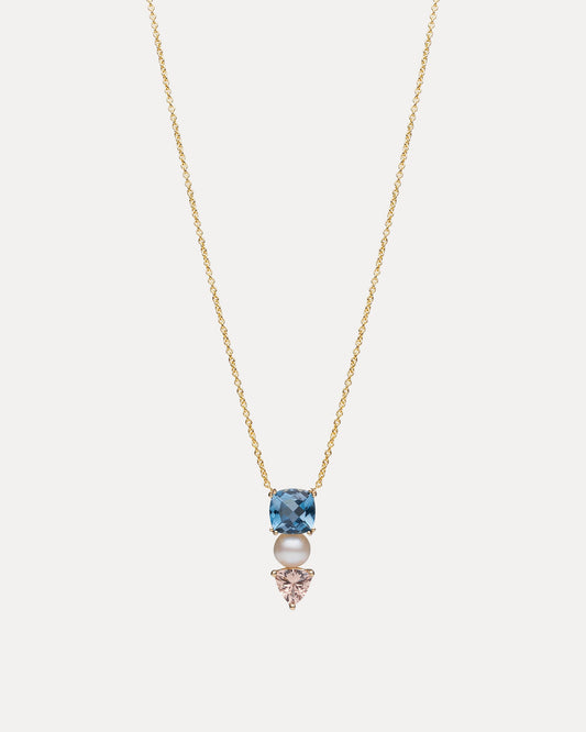 9CT LONDON BLUE TOPAZ, PINK MORGANITE & PEARL DUNAWAY PENDANT