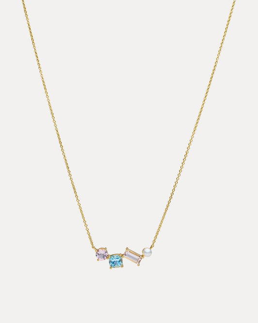 9CT PINK MORGANITE, BLUE TOPAZ & PEARL WINONA PENDANT