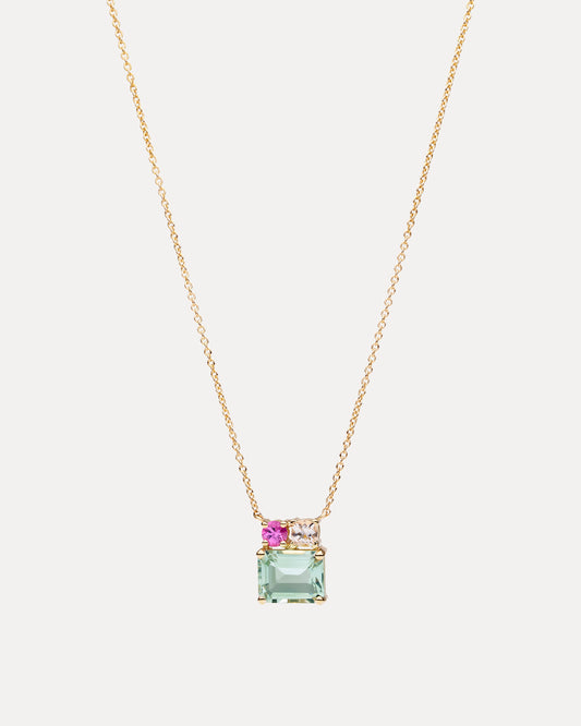 9CT GREEN AMETHYST, PINK MORGANITE & PINK SAPPHIRE CALYPSO PENDANT