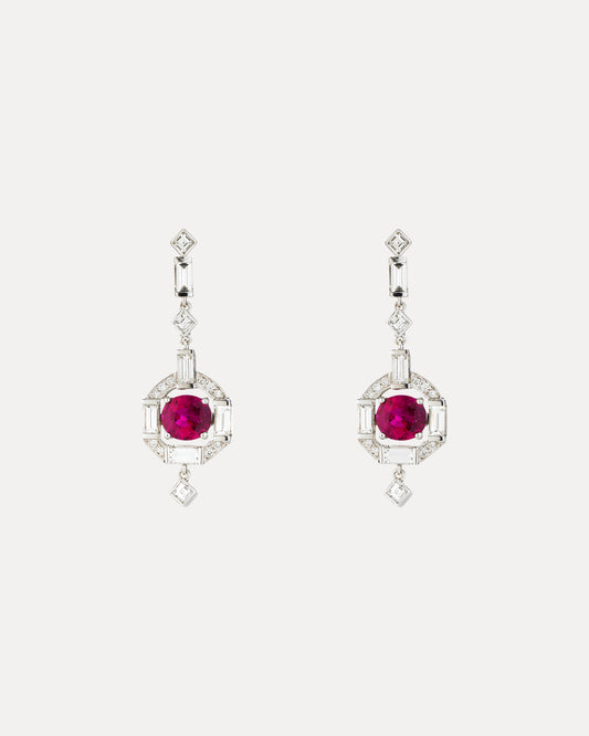 18WG RUBY, BAGUETTE, CARRE, RBC DIAMOND STUDS