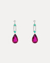 18CT RUBELITE, EMERALD & DIAMOND DROP STUD EARRINGS