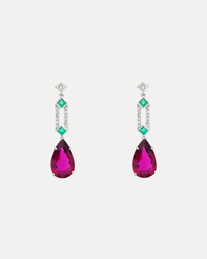 18CT RUBELITE, EMERALD & DIAMOND DROP STUD EARRINGS