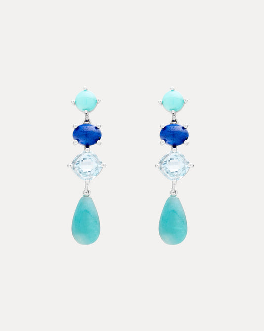 9CT AMAZONITE, BLUE TOPAZ, LAPIS & TURQUOISE ELBA EARRINGS