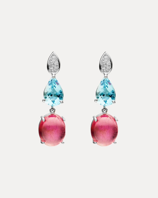 BESPOKE 18CT PINK TOURMALINE, AQUAMARINE & DIAMOND EARRINGS