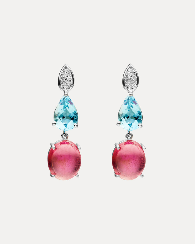 BESPOKE 18CT PINK TOURMALINE, AQUAMARINE & DIAMOND EARRINGS