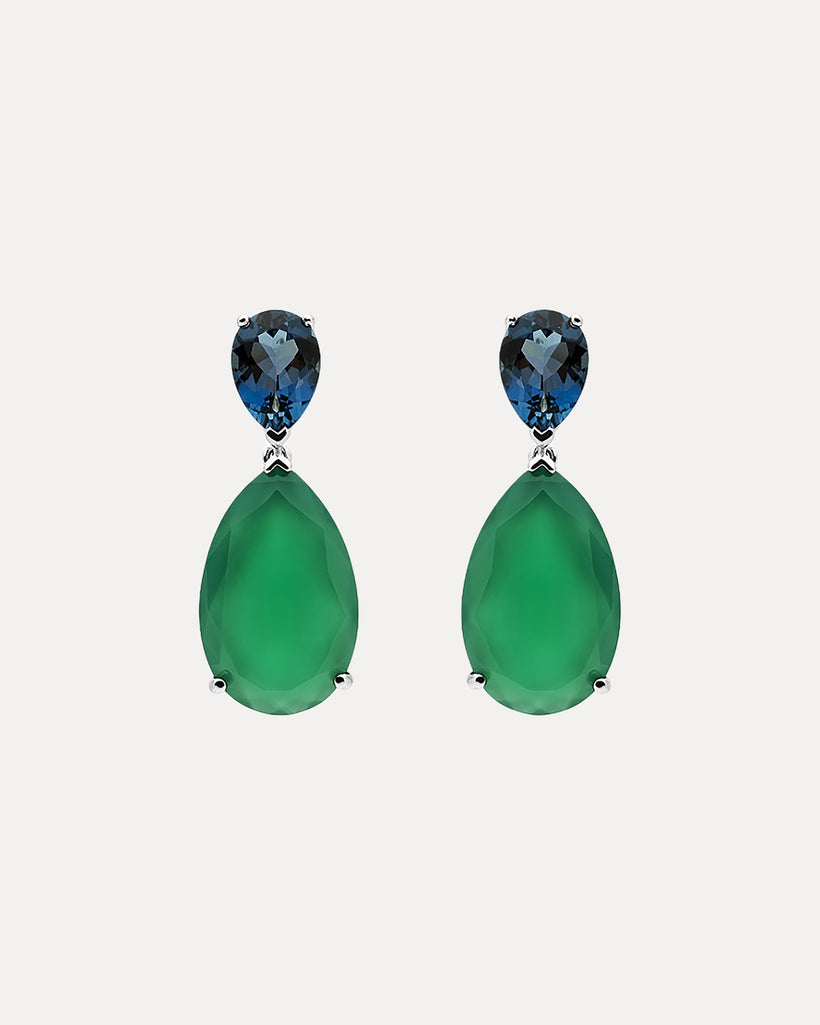 18CT WHITE GOLD LONDON BLUE TOPAZ & GREEN AGATE VIVID EARRINGS