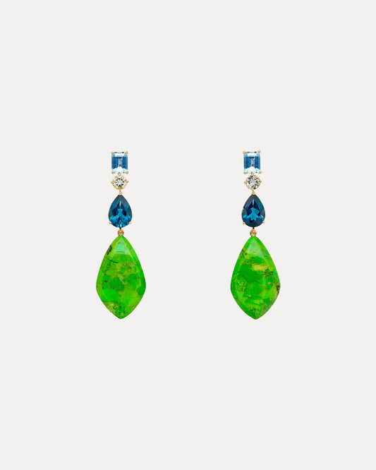 18CT GREEN TURQUOISE, AQUAMARINE, GREEN AMETHYST & LONDON BLUE TOPAZ SAMOS EARRINGS (LIMITED EDITION)