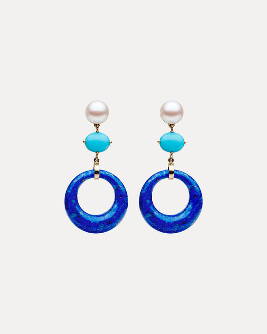 9CT LAPIS,TURQUOISE & PEARL WHITSUNDAY EARRINGS