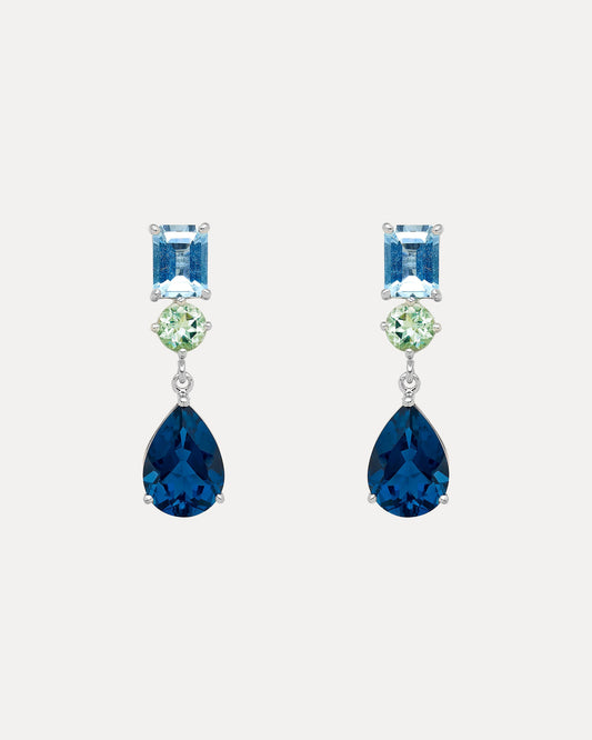 18CT LONDON BLUE TOPAZ, AQUAMARINE & GREEN AMETHYST KAPUTAR EARRINGS