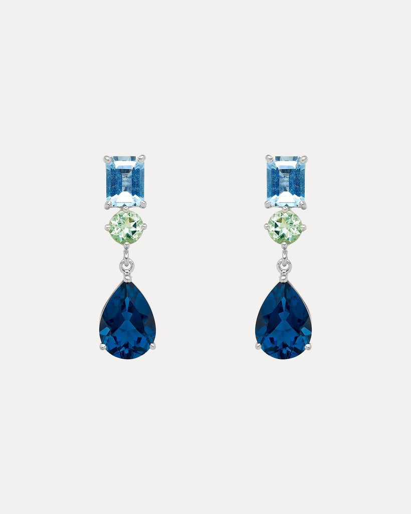 18CT LONDON BLUE TOPAZ, AQUAMARINE & GREEN AMETHYST KAPUTAR EARRINGS