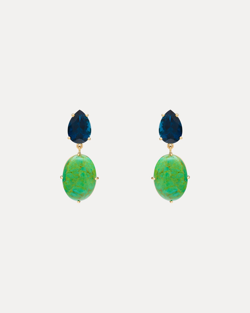 18CT GREEN TURQUOISE & LONDON BLUE TOPAZ SAMOS EARRINGS (LIMITED EDITION)