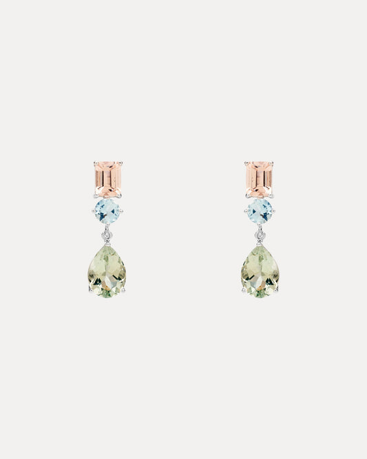 18CT PINK MORGANITE, AQUAMARINE & GREEN AMETHYST KAPUTAR EARRINGS