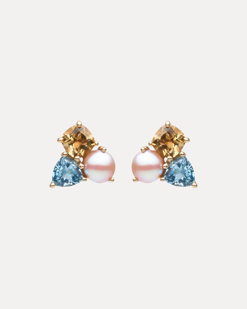 9CT HONEY QUARTZ, BLUE TOPAZ & PINK PEARL DUNAWAY STUD EARRINGS