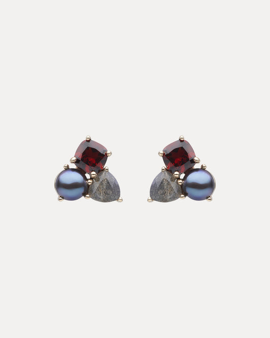 9CT GARNET, LABRADORITE & PEACOCK PEARL DUNAWAY STUD EARRINGS