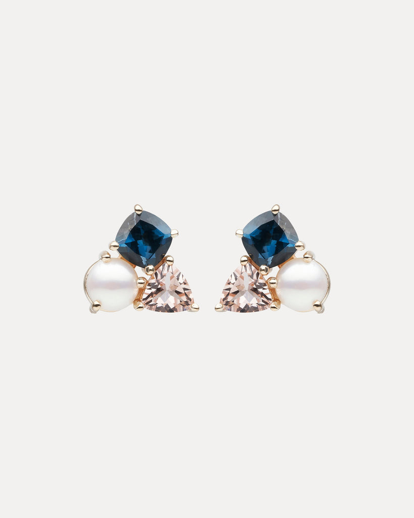 9CT LONDON BLUE TOPAZ, PINK MORGANITE & PEARL DUNAWAY STUD EARRINGS