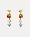 9CT HONEY QUARTZ, BLUE TOPAZ & PINK PEARL DUNAWAY DROP EARRINGS