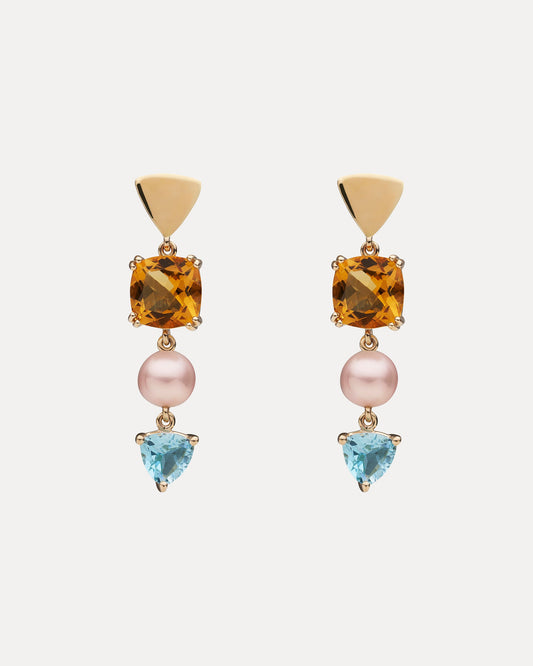 9CT HONEY QUARTZ, BLUE TOPAZ & PINK PEARL DUNAWAY DROP EARRINGS