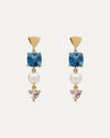 9CT LONDON BLUE TOPAZ, PINK MORGANITE & PEARL DUNAWAY DROP EARRINGS